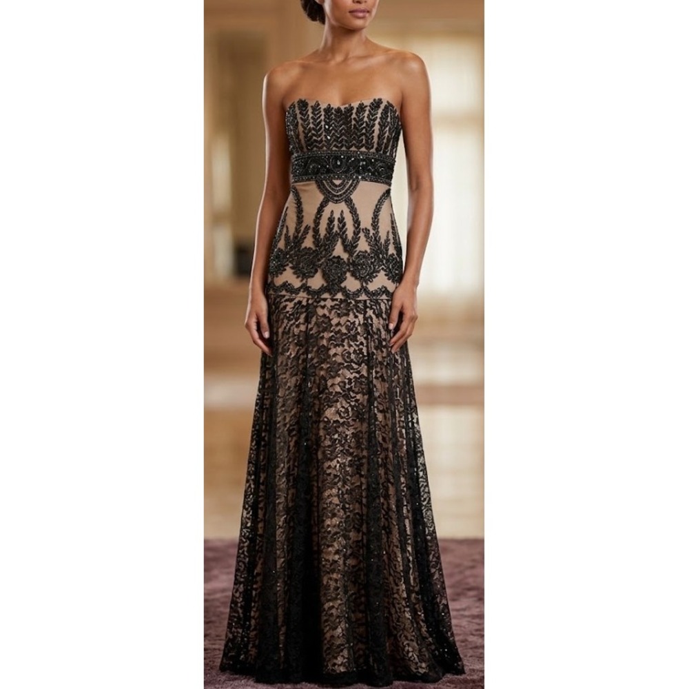 Sue Wong Nocturne Black Lace Beaded Champagne Formal Gown Dress Size 10